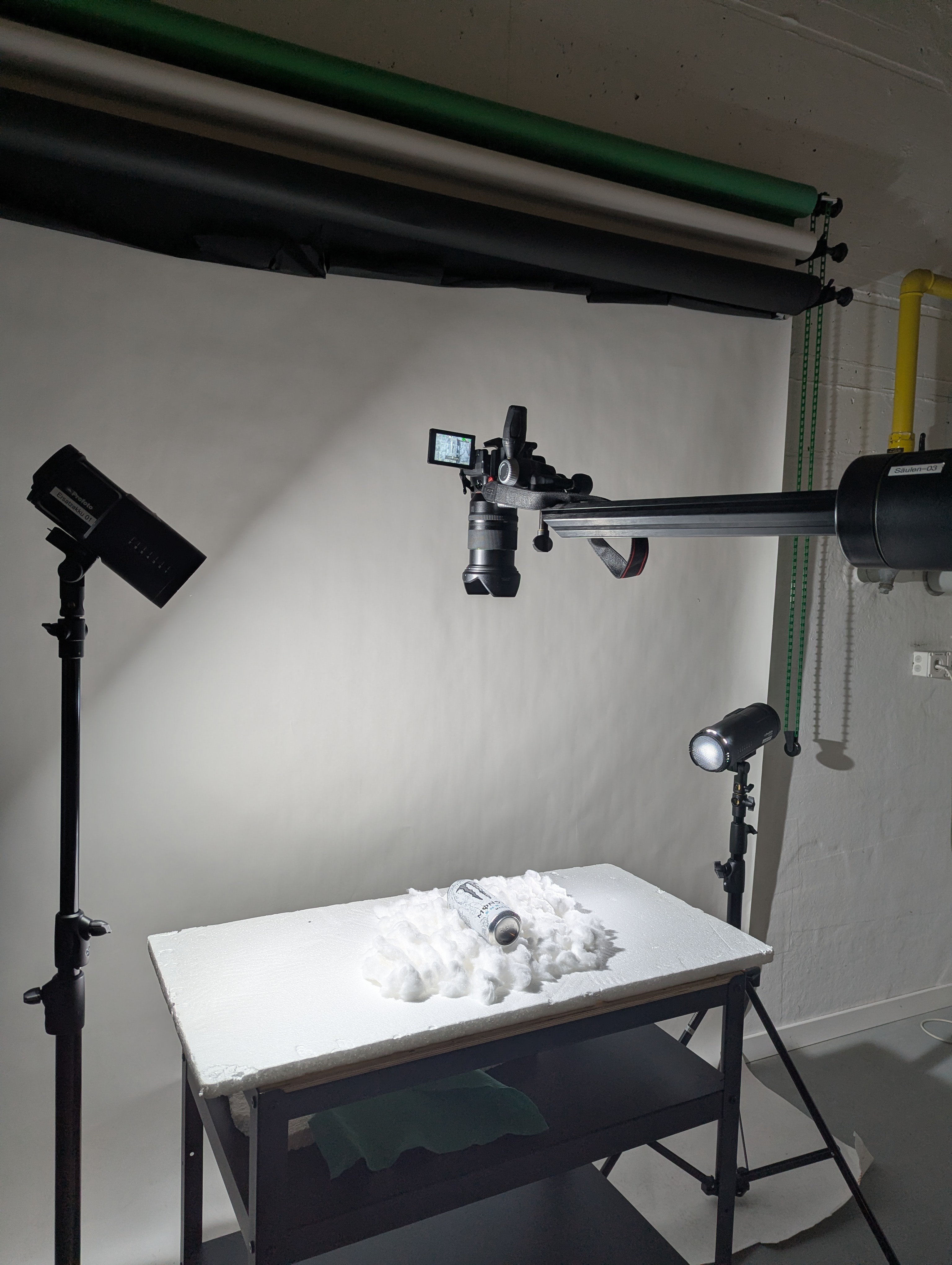 Photo camera on top and monster can